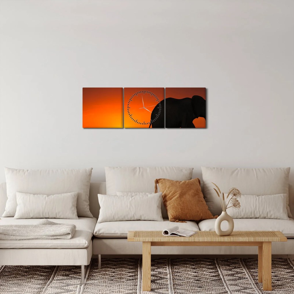 Obraz slona pri západe slnka (s hodinami) (90x30 cm)