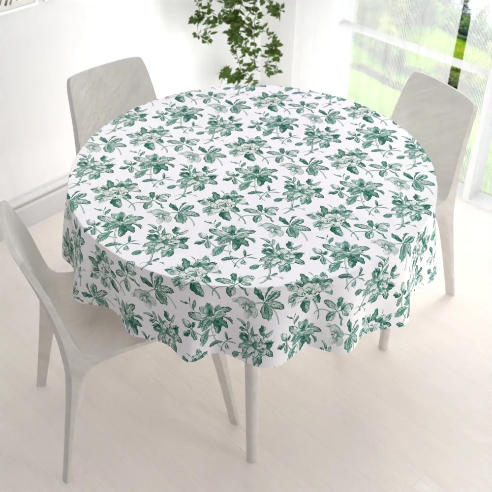 Biante Teflónový okrúhly obrus TF-091 Zelené kvety na bielom Ø 60 cm