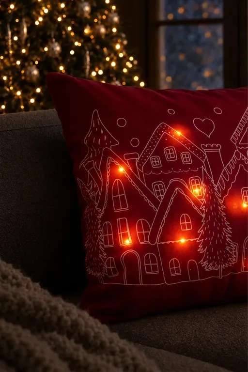 Velúrová obliečka na vankúš HOUSES LED bordová 45x45 cm