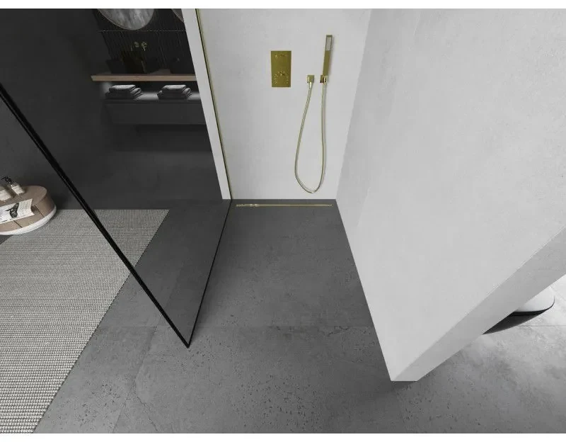 Mexen Kioto L, sprchová zástena Walk-In 110 x 200 cm, 8mm číre sklo čierny vzor, zlatý lesklý profil,800-110-103-50-70