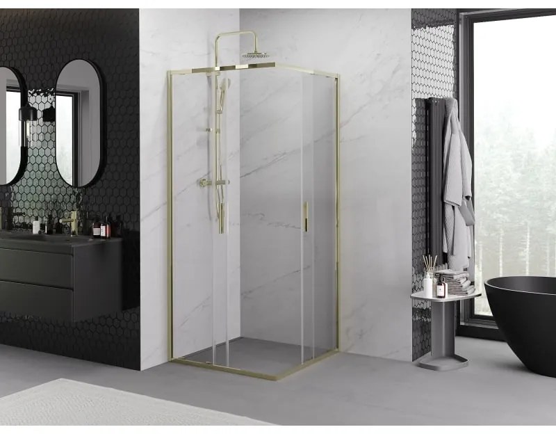 Mexen Exo, posuvný štvorcový sprchový kút 90 x 90 cm, číre sklo, zlatá, 8111-090-090-50-00