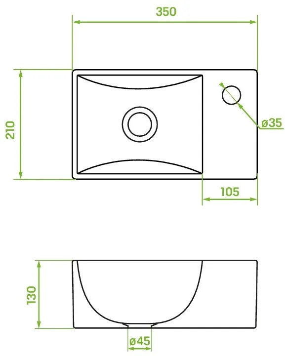 Laveo Kvadrato, keramické umývadlo 355x210x130 mm, biela lesklá, LAV-VUK_6135