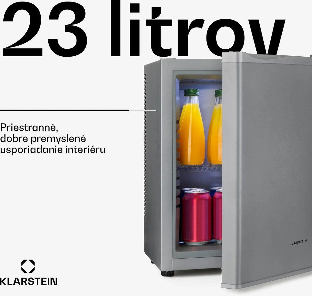 Klarstein Happy Hour 23, minibar, 23 l, 5-15°C, energet. trieda G, tichý, 23 dB, LED svetlo, strieborný
