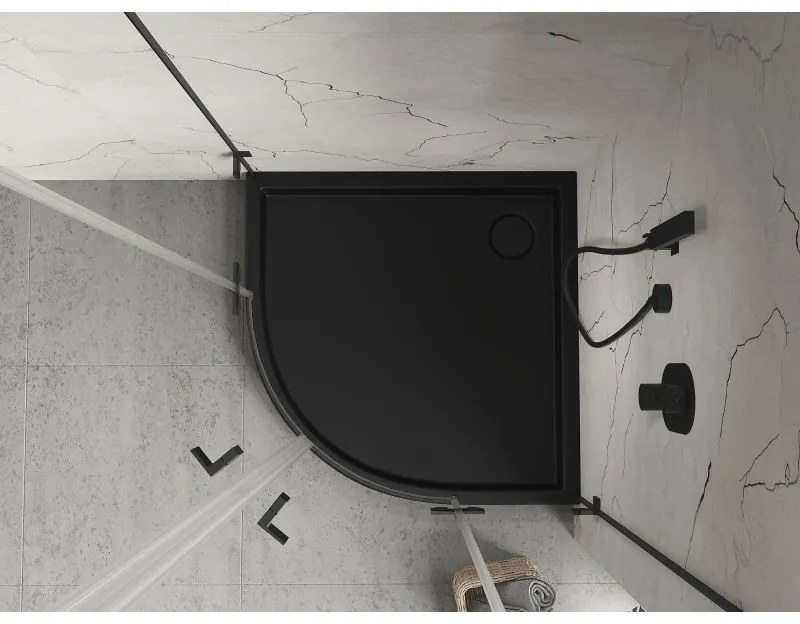 Mexen Flow+, štvrťkruhová sprchová vanička 90 x 90 cm, čierna matná, 46Q709090H