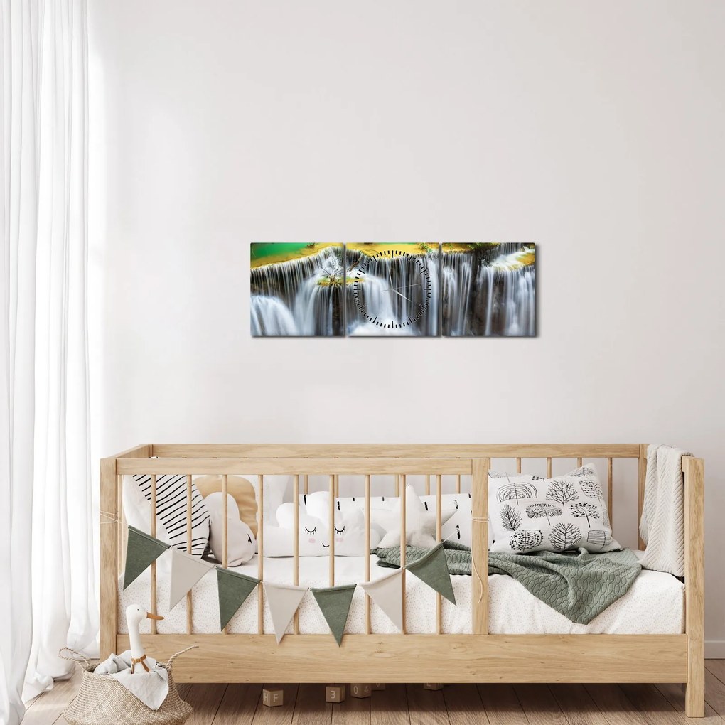 Obraz - Výhľad na kúzelné vodopády (s hodinami) (90x30 cm)