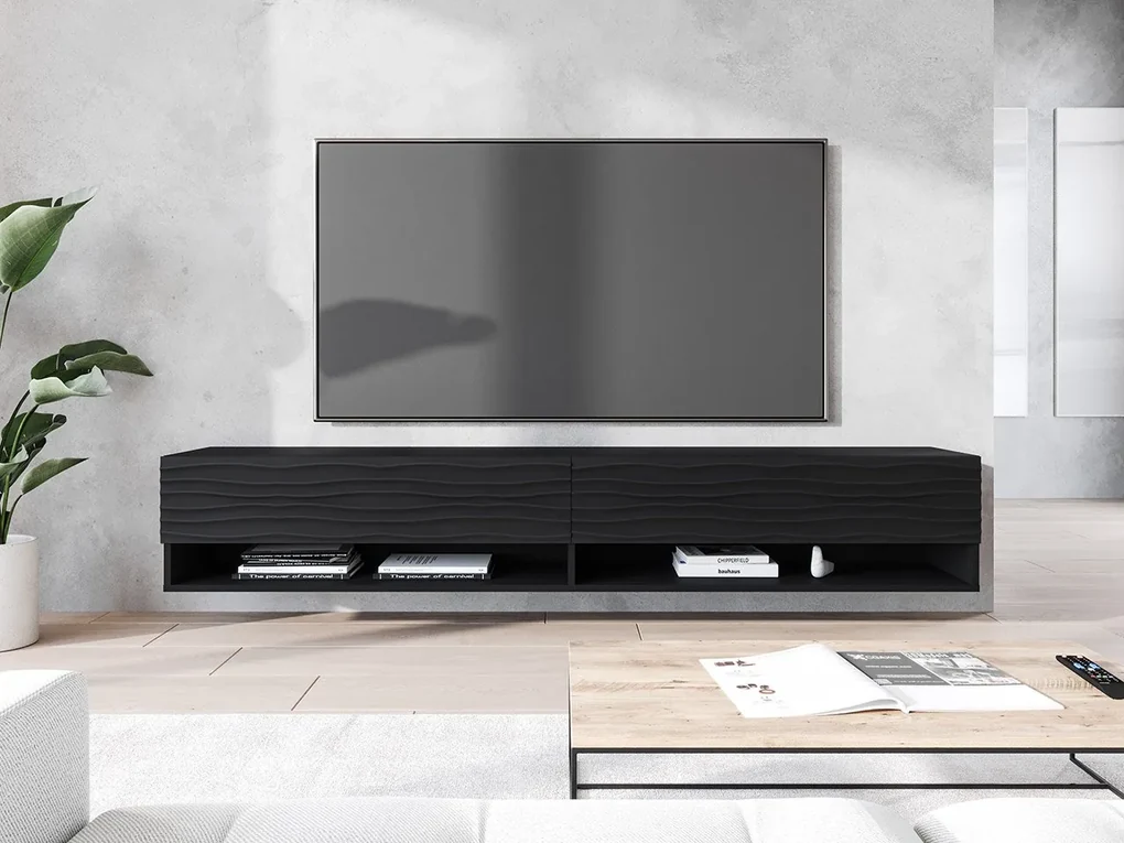TV stolík/skrinka Adenik 180 MDF, Farby: čierny grafit / čierna fala, Osvetlenie: osvetlenie LED RGB - farebné