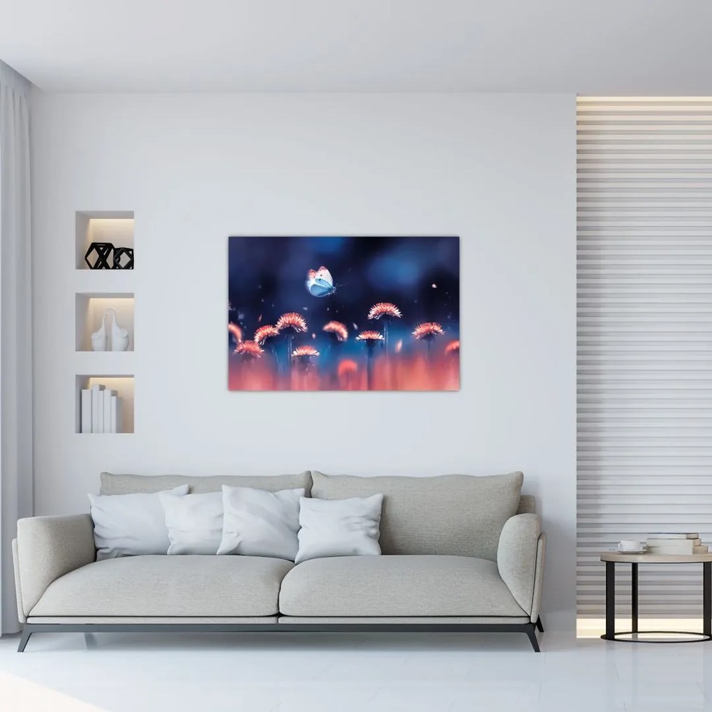 Obraz púpav s modrým motýľom (90x60 cm)