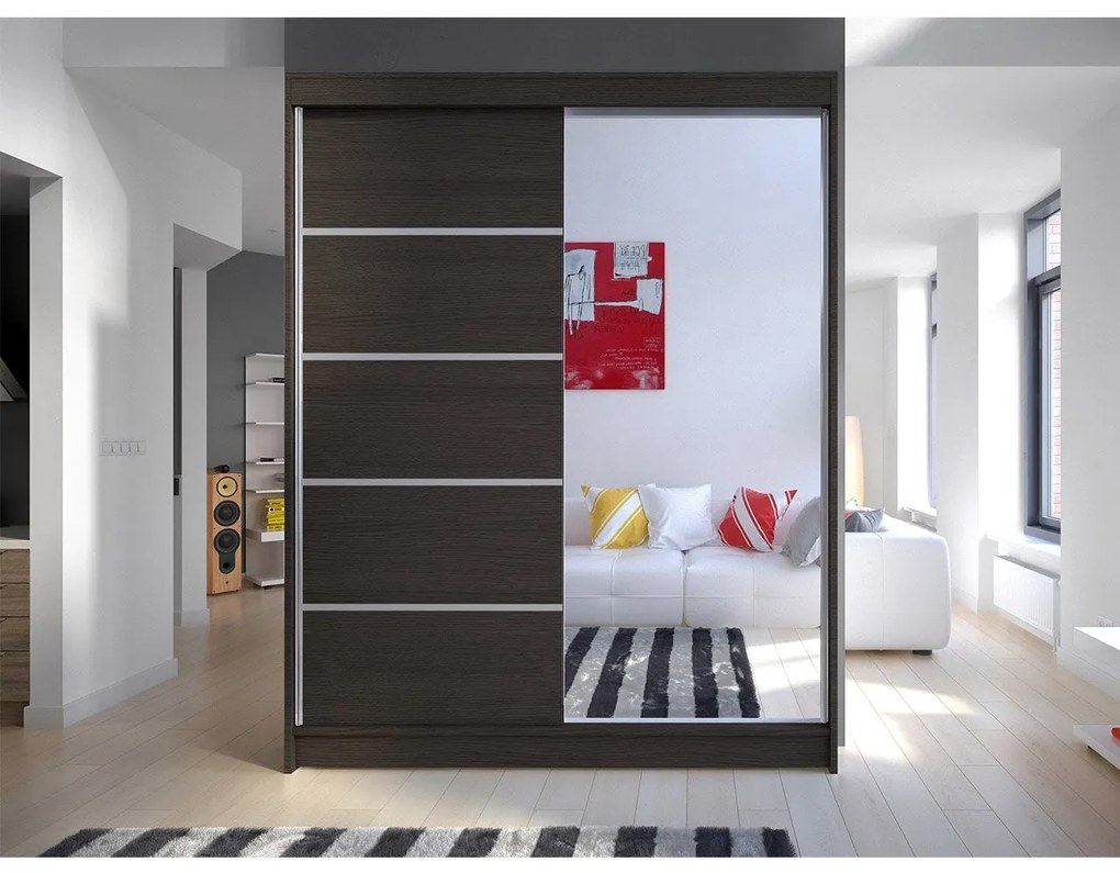 Šatníková skriňa Belgia III, Farby: čierna / biela + zrkadlo, Osvetlenie: osvetlenie LED RGB - farebné