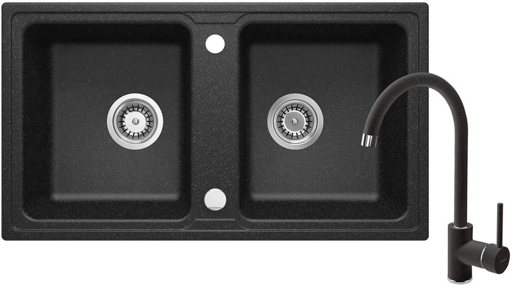 Deante Zorba, granitový drez 780x435x180 mm B/O + priestorovo úsporný sifón, 2-komorový + Nemezja batéria, grafitová, ZQZA2203