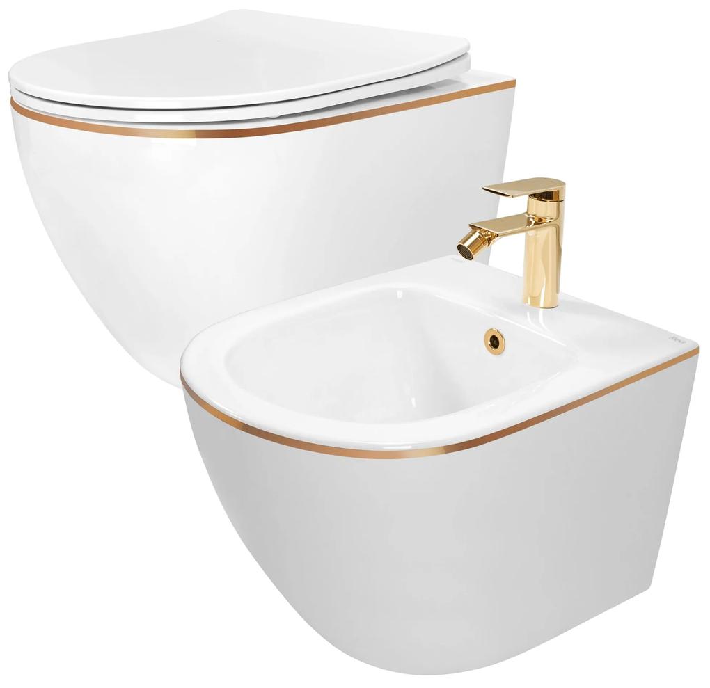 Rea Carlo Mini Gold Edge, závesná WC misa 490x370 mm + bidet 495x370 mm, biela so zlatým okrajom, 46327