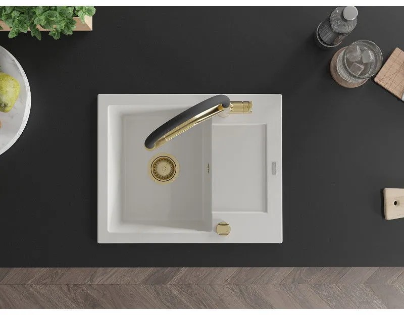 Mexen Enzo, granitový drez 576x465x174 mm, 1-komorový a drezová batéria Duo, biela, 6506-20-671701-57-G