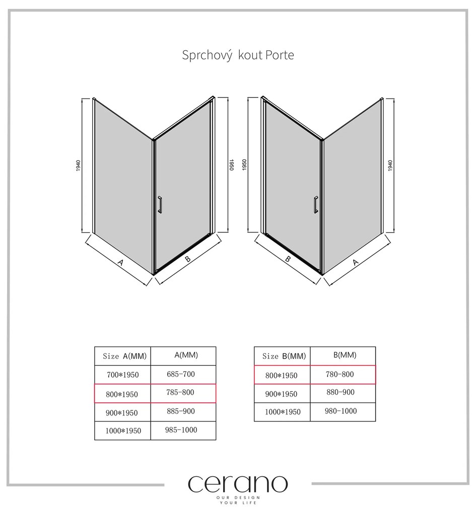 Cerano Porte, 1-krídlový sprchovací kút 80x80 cm, 8mm číre sklo, čierny profil, CER-CER-413549