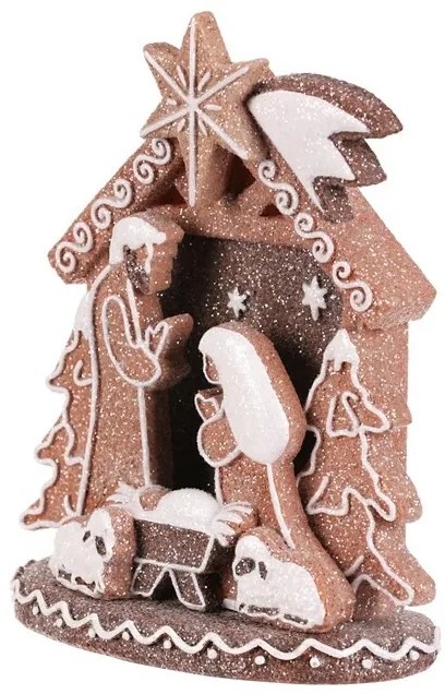 Vianočná dekorácia perníkový Betlehem, polyresin, LED, hnedá