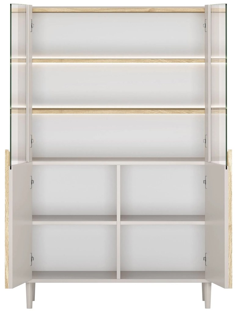 Vitrína Amilio 100 cm dvojdverová na nožičkách - kašmír / olejovaný dub / úchytky svetlý dub