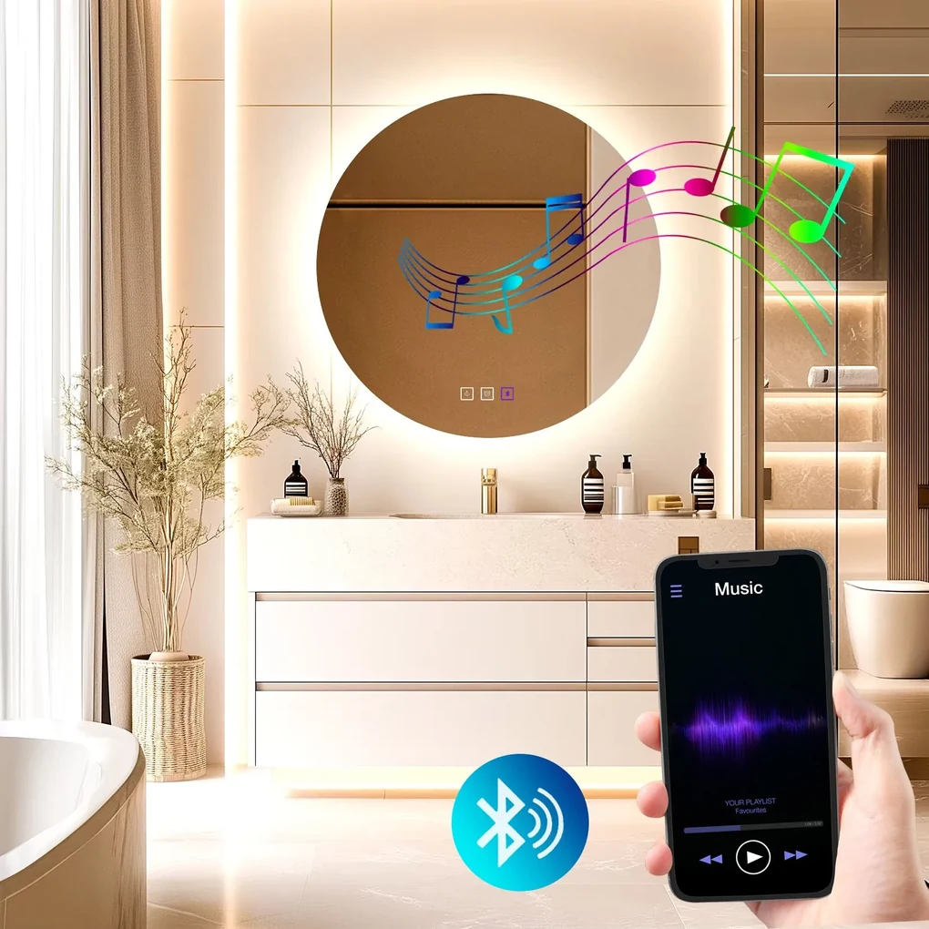 Rea Round, okrúhle LED zrkadlo s ryhovaným rámom 60 cm + bluetooth, HOM-06509