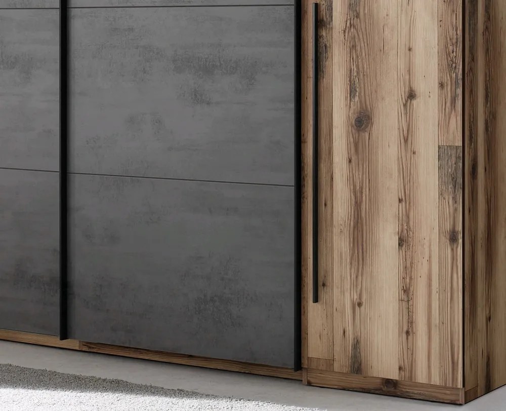 Šatníková skriňa Sarnia, 312 cm, zrubová dosky / tmavý betón