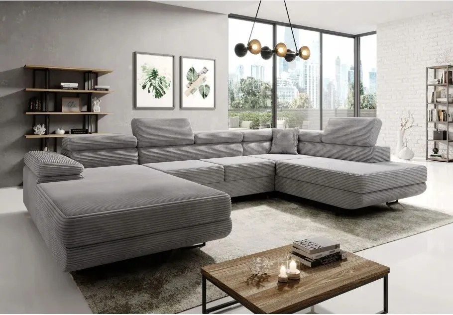 Šedý menčestrový rohovník s funkciou spania Astorp U, pravý, s opierkami hlavy.