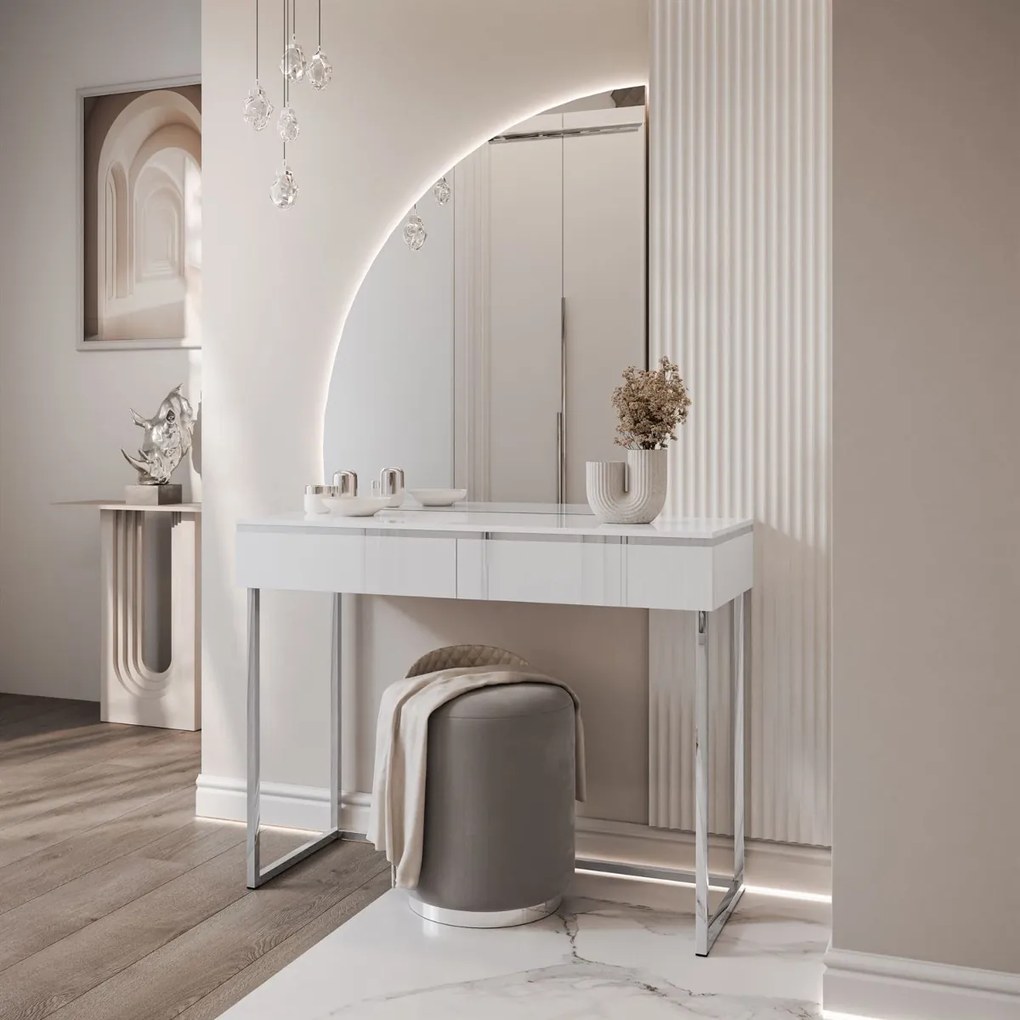 TOALETNÝ STOLÍK NESSIE BIELY ĽAVÝ + STRIEBORNÝ PODSTAVEC + ZRKADLO POLMESIAC