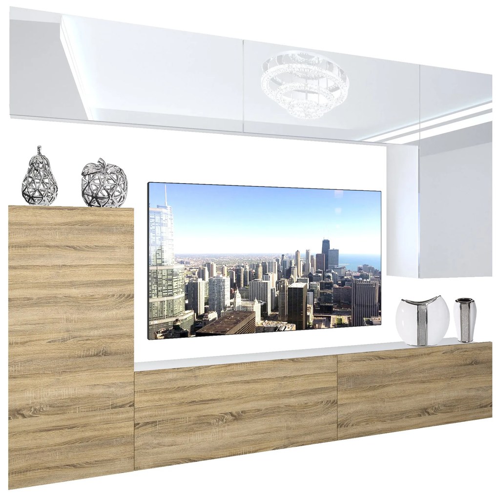 Obývacia stena Belini Premium Full Version biely lesk / dub sonoma + LED osvetlenie Nexum 120