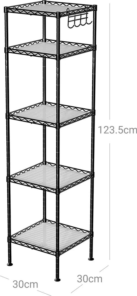 Kovový regál 5-úrovňový, s odnímateľnými háčikmi, čierny