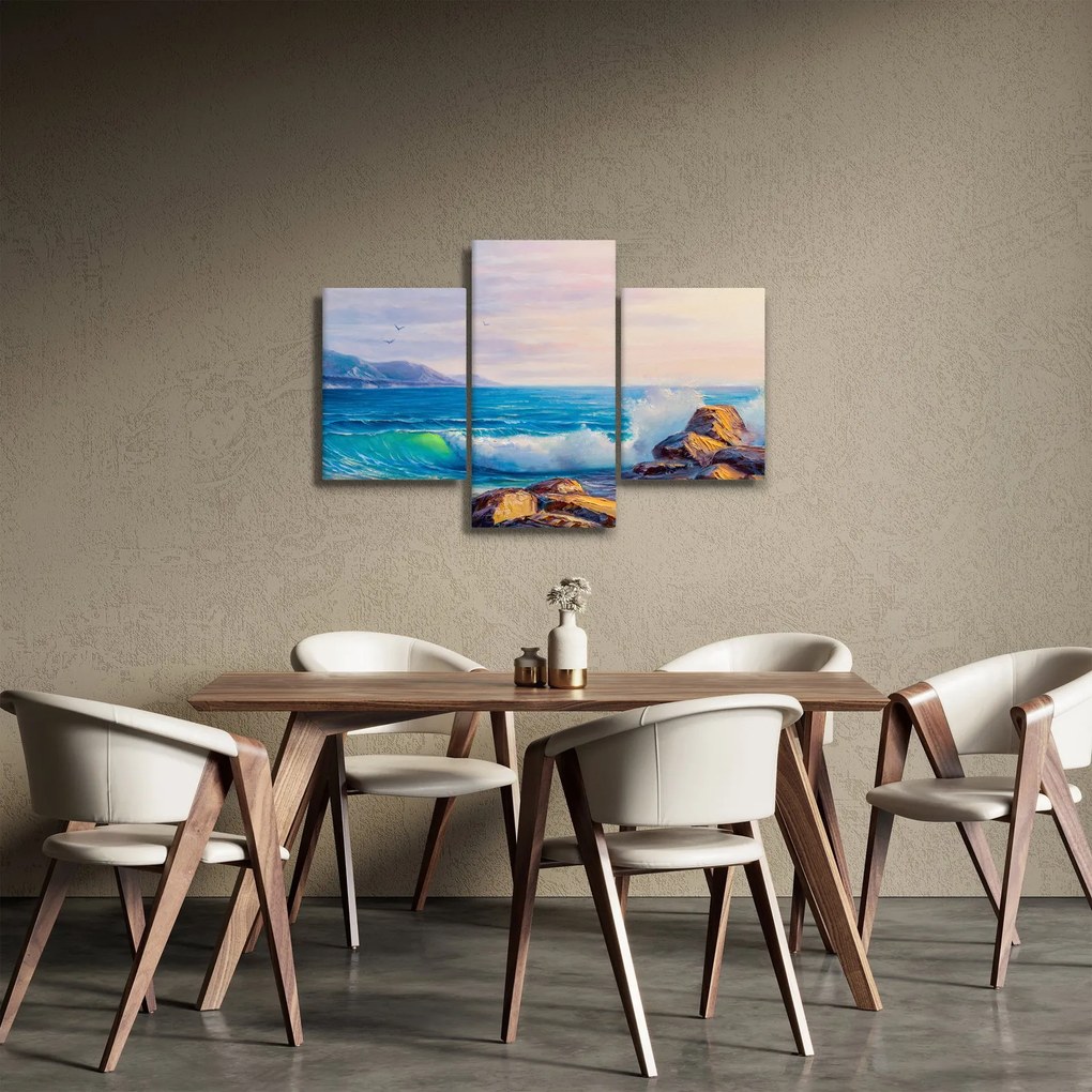 Obraz vĺn narážajúcich na útesy, olejomaľba (90x60 cm)