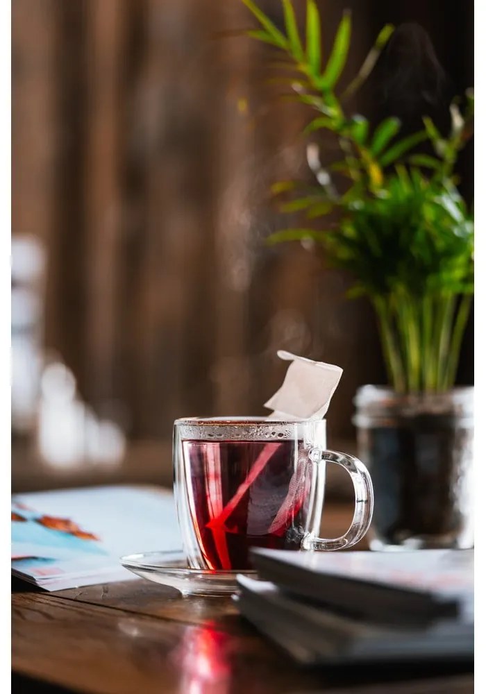 Súprava 2 dvojstenných sklenených šálkov s tanierikom Vialli Design, 250 ml