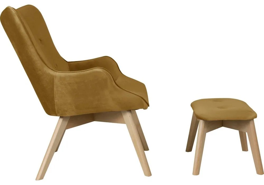 Zamatové kreslo s podnožkou v horčicovej farbe Niko – Ropez
