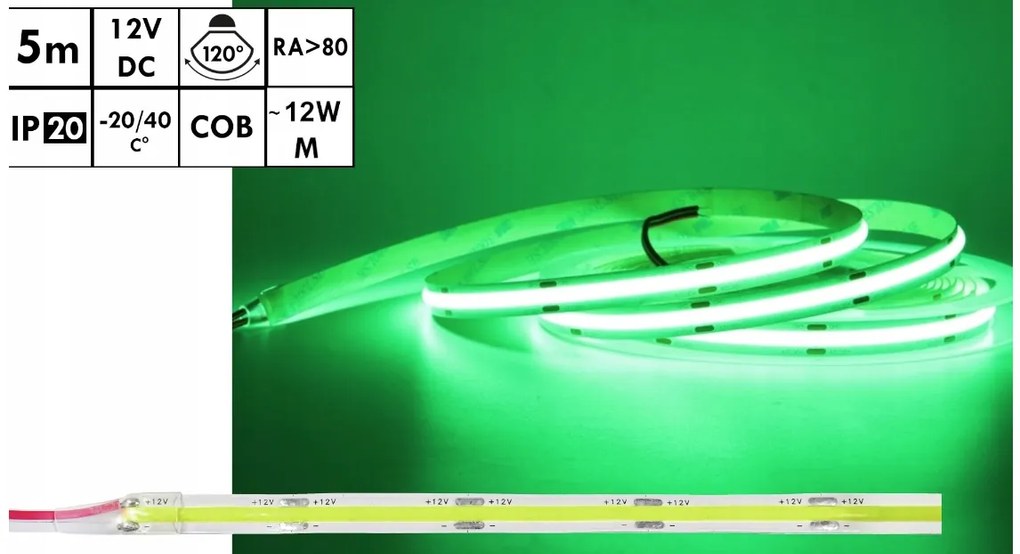 BERGE LED pásik NEON COB homogénny - 12V - 5 m - zelený
