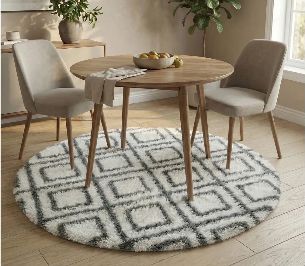 TZ Biely okrúhly vzorovaný koberec shaggy Decor Cube Rozmer: 140 cm