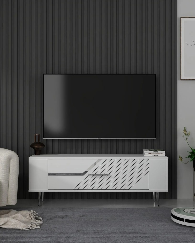 TV stolík/skrinka Retrotopic (biela + strieborná). Akcia -19%. Vlastná spoľahlivá doprava až k Vám domov. 1127720