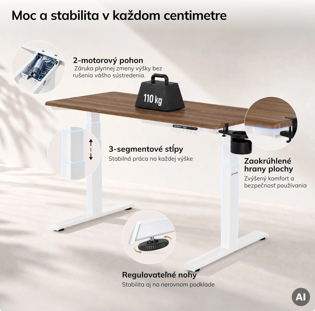 Elektrický stôl s nastaviteľnou výškou ergonomický biely/orech,1200x600 mm: ARIA