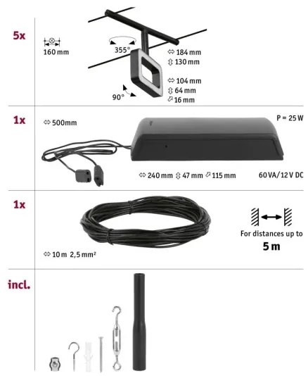 Paulmann 94485 - Súprava 5x LED/4,8 W Kompletný lankový systém FRAME 230 V čierny