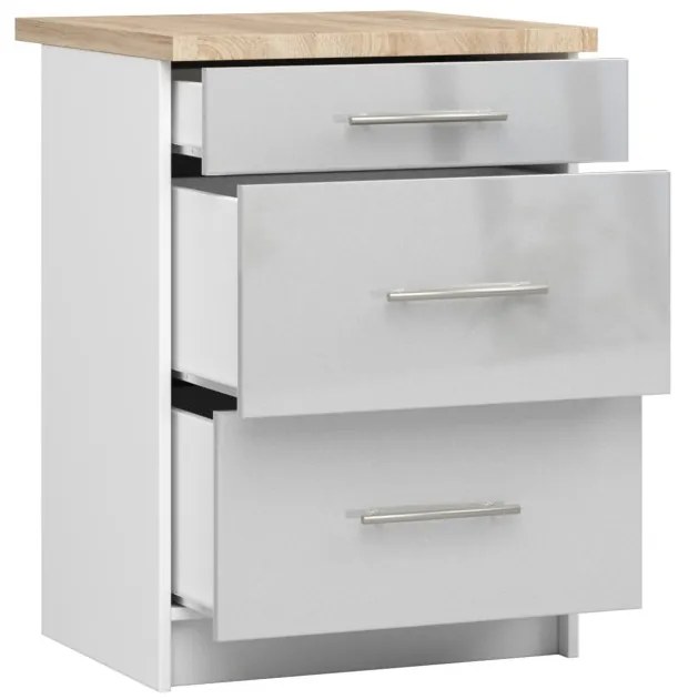 Spodná kuchynská skrinka s doskou OLIWIA S60 3SZ biela / metalická, lesk