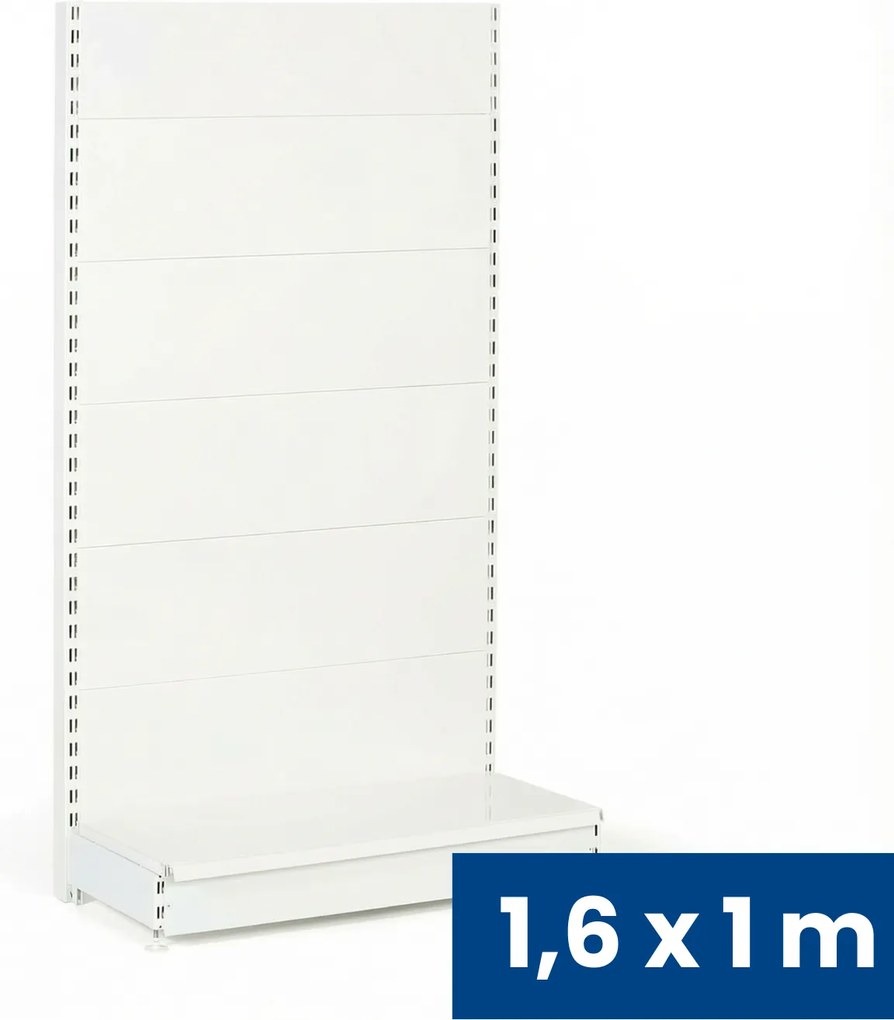 Predajný regál jednostranný, plné steny, 1600 x 1000 x 450 mm, základná, biela