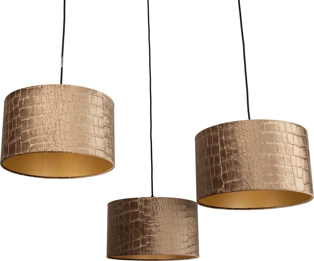 Závesná lampa čierna s tienidlom s krokodílím vzorom a zlatým interiérom 35 cm 3-svetlá - Cava