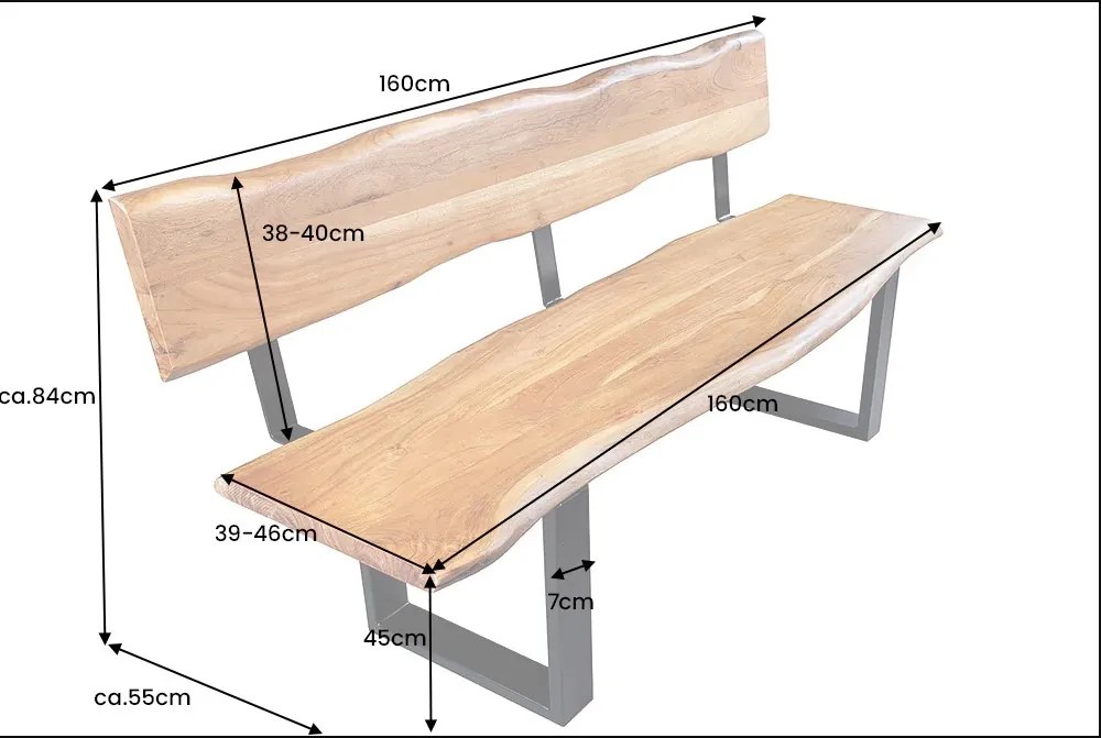Dizajnová lavica s opierkou Massive Honey 160 cm akácia 40mm
