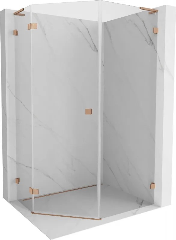 Mexen Lunar, L päťuholníkový sprchový kút naklápací doľava 90 x 100 cm, 8mm číre sklo, profil medená matná, 831L-090L-100P-65-00-L