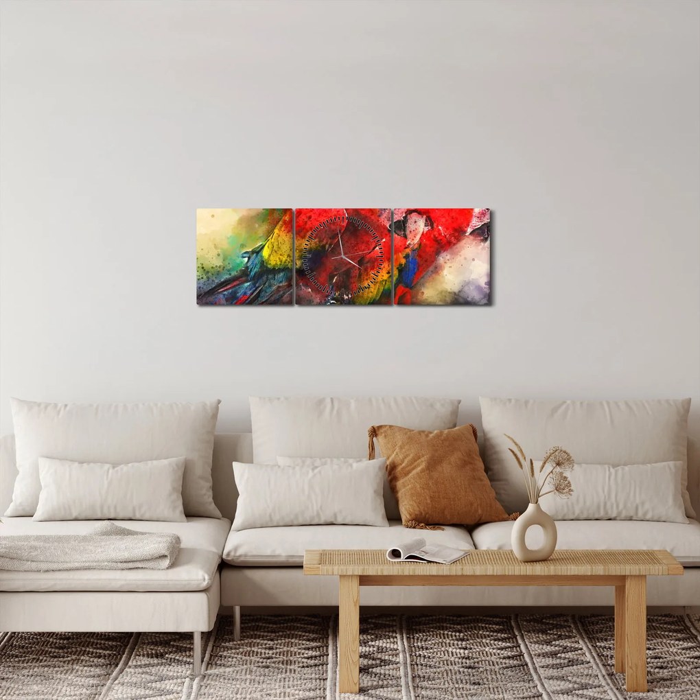 Obraz červených papagájov ara (s hodinami) (90x30 cm)