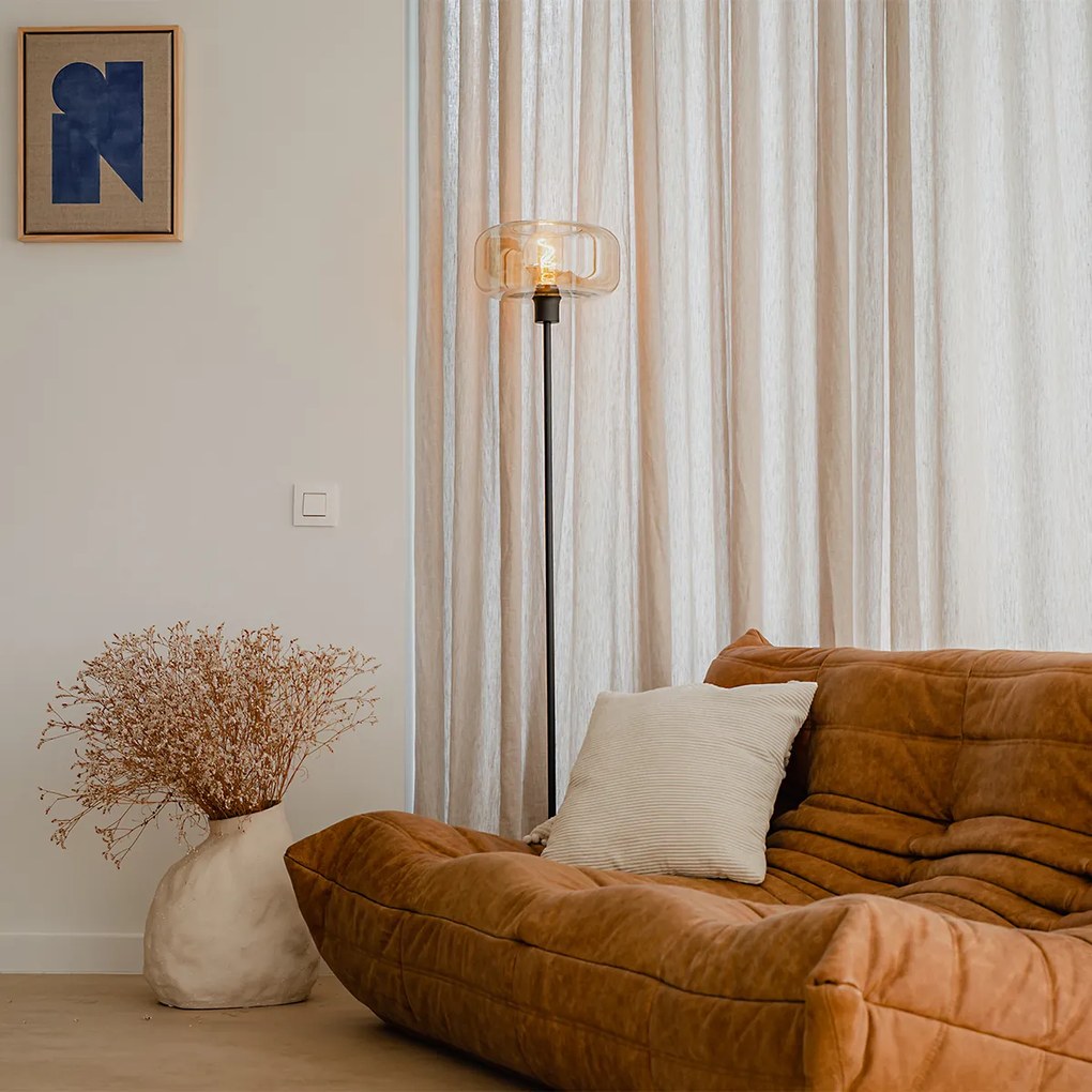 Art Deco stojaca lampa čierna s jantárovým sklom - Bizle