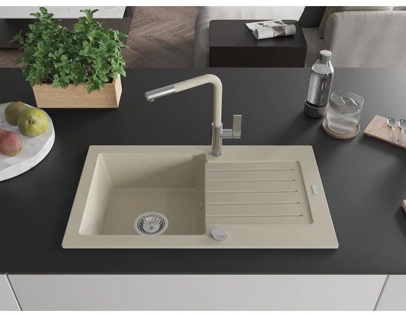 Mexen Pablo, 1-komorový granitový drez 752x436x161 mm a drezová batéria Flora, béžová, 6510-69-670401-09