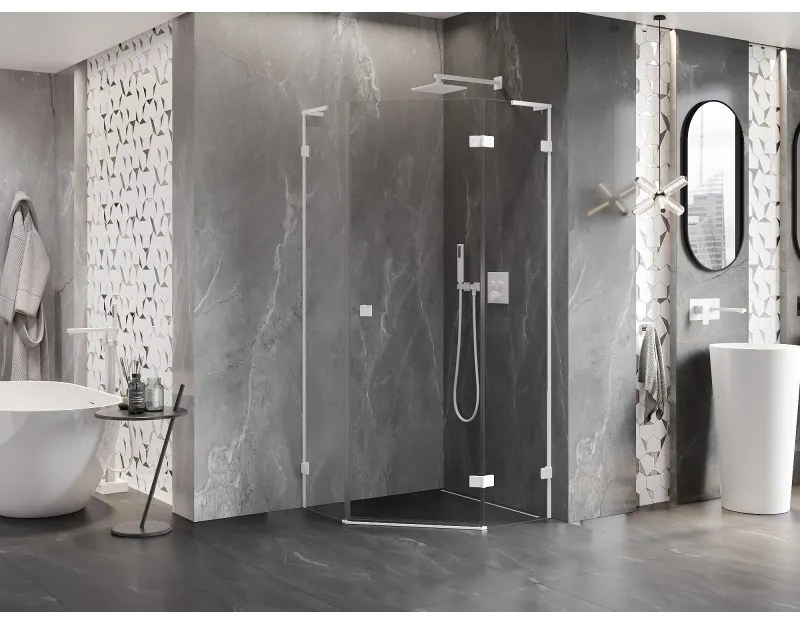 Mexen Lunar, L pravý výklopný päťuholníkový sprchový kút 80 x 80 cm, 8mm číre sklo, biely profil, 831L-080P-080L-20-00-P