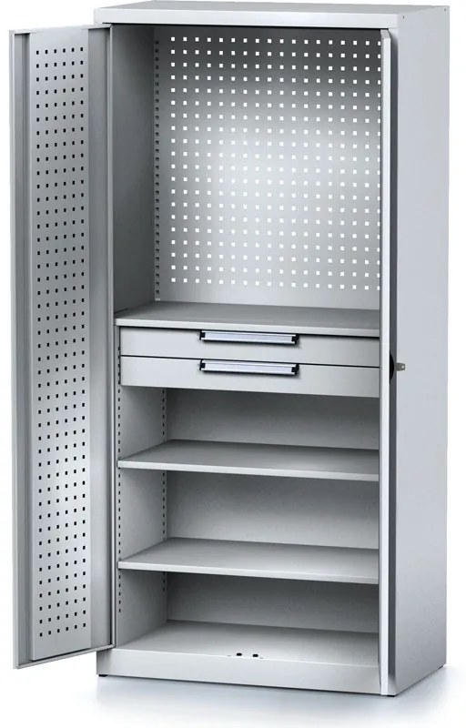 Policová dielenská skriňa 2-dverová MECHANIC, 2 zásuvky, 3 police, 920 x 500 x 1950 mm, sivé dvere