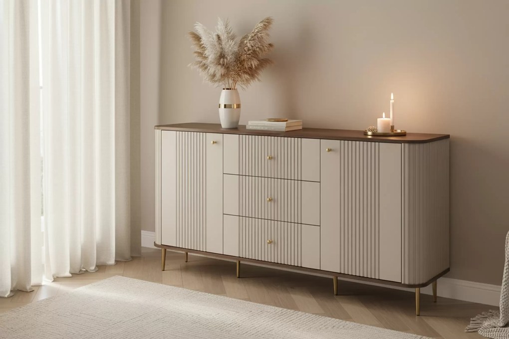 Komoda Vesper 160 cm so zásuvkami - kašmír / orech / zlaté nohy