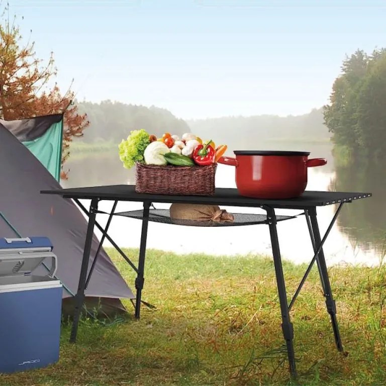 Miadomodo skladací kempingový stôl JG95144 90 x 45-65 x 53 cm čierny s taškou
