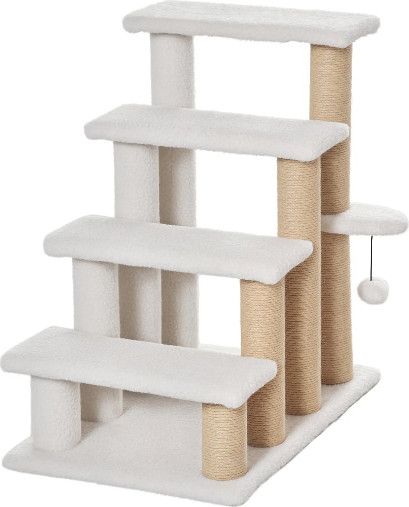 PawHut Mačacie schody 4-riadkové so škrabadlami a hračkou pre psov, schody pre mačky do 5 kg, plyš a jutový materiál, Biela 60 x 40 x 64 cm | Aosom