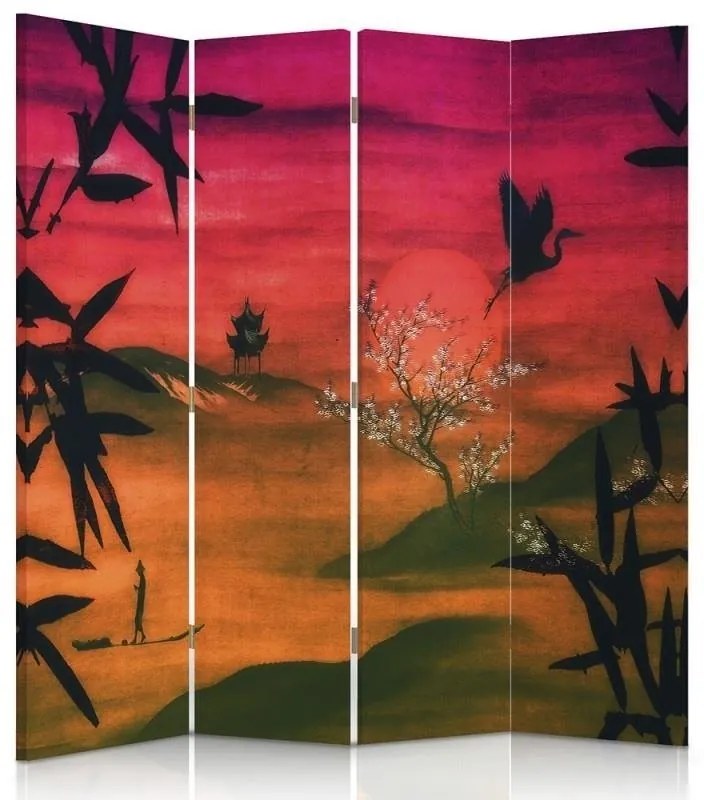 Ozdobný paraván Japonská krajina Červená - 145x170 cm, štvordielny, klasický paraván