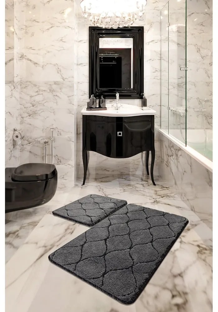 Súprava 2 tmavosivých obdĺžnikových kúpeľňových predložiek Foutastic Wave