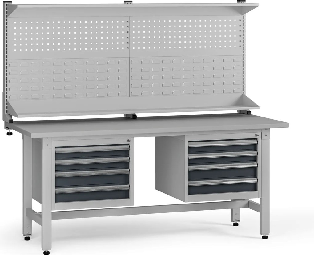Výškovo nastaviteľný dielenský stôl G5 s nadstavbou, 1800 x 750 x 800-1000 mm, 2x kontajner, 8 zásuviek, grafit