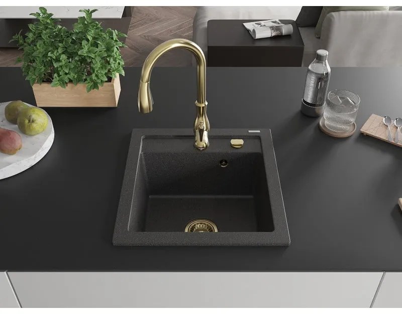 Mexen Vito, 1-komorový granitový drez 520x490x210 mm a drezová batéria Savita, čierna škvrtnitá, 6503-76-672601-50
