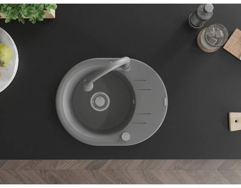 Mexen Kevin, 1-komorový granitový drez 586x458x190 mm a drezová batéria Elia, šedá, 6517-71-670101-71